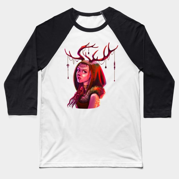 Shaman Girl Deer Baseball T-Shirt by Yana Graffox